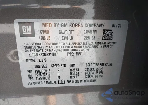 2021 Chevrolet Trax Fwd Lt from USA, damaged, VIN KL7CJLSBXMB310917